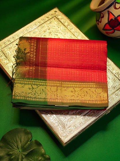 Tomato Red Lakshadeepam Pure Silk Cotton Saree With Contrast Bottle Green Blouse
