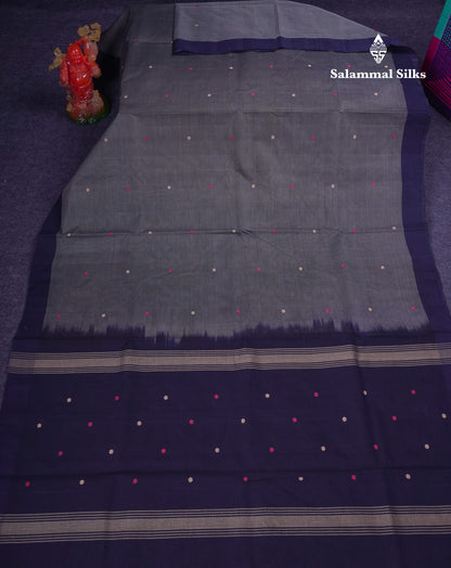 Beautiful Grey Thread Work Butta Handloom Pure Cotton Saree With Contrast Navy Blue Blouse