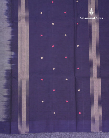 Beautiful Grey Thread Work Butta Handloom Pure Cotton Saree With Contrast Navy Blue Blouse