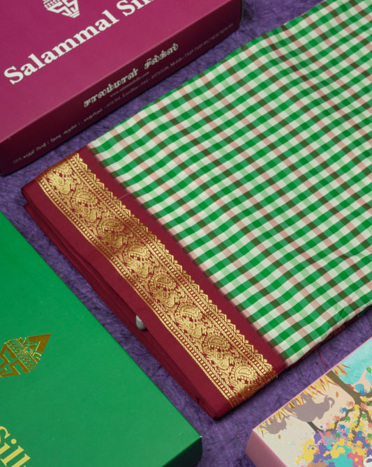 11 Yards Semi Silk Saree Multicolour Checks with Traditional Maroon Border