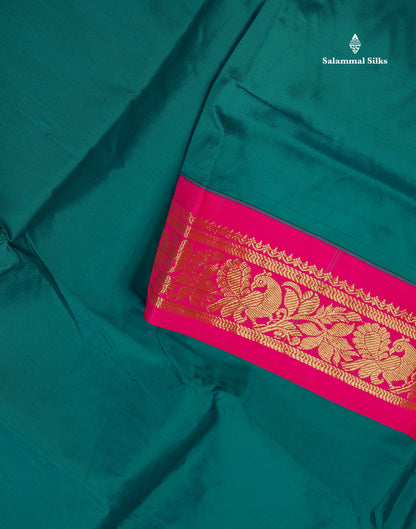 Semi Silk Saree - Peacock Blue Colour Body Plain With Contrast Pink Border | 9 Yards