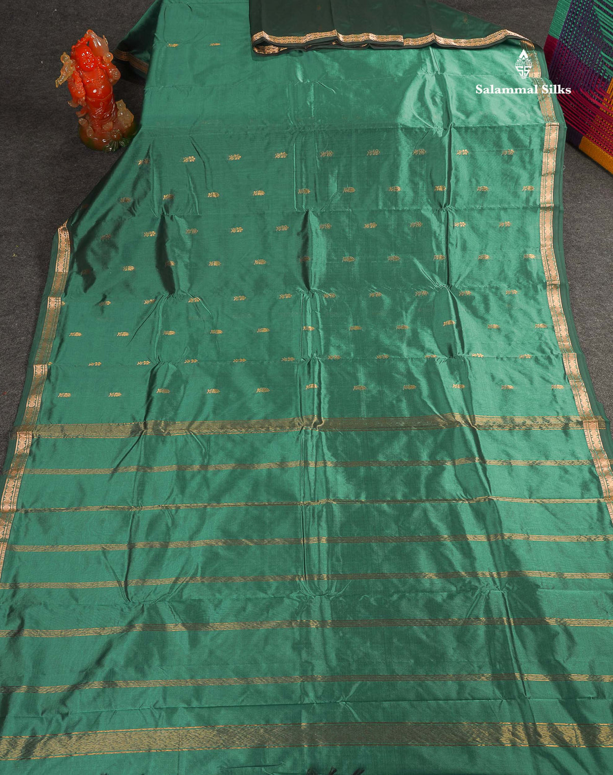 Semi Silk Saree - Saffire Green Colour Body Zari Butta With Traditional Small Border 