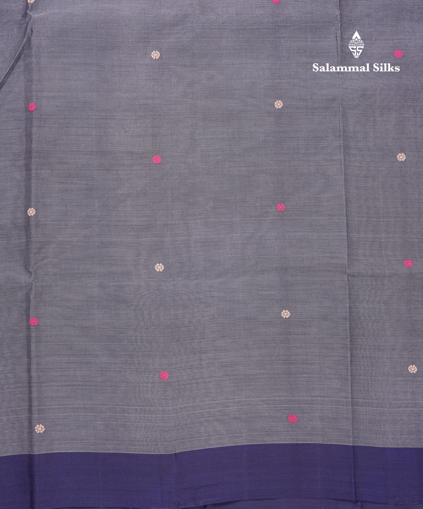 Beautiful Grey Thread Work Butta Handloom Pure Cotton Saree With Contrast Navy Blue Blouse