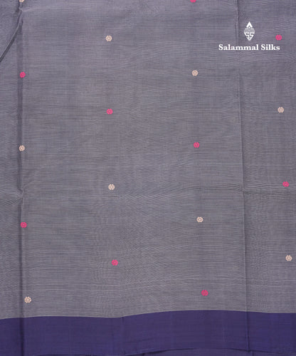 Beautiful Grey Thread Work Butta Handloom Pure Cotton Saree With Contrast Navy Blue Blouse