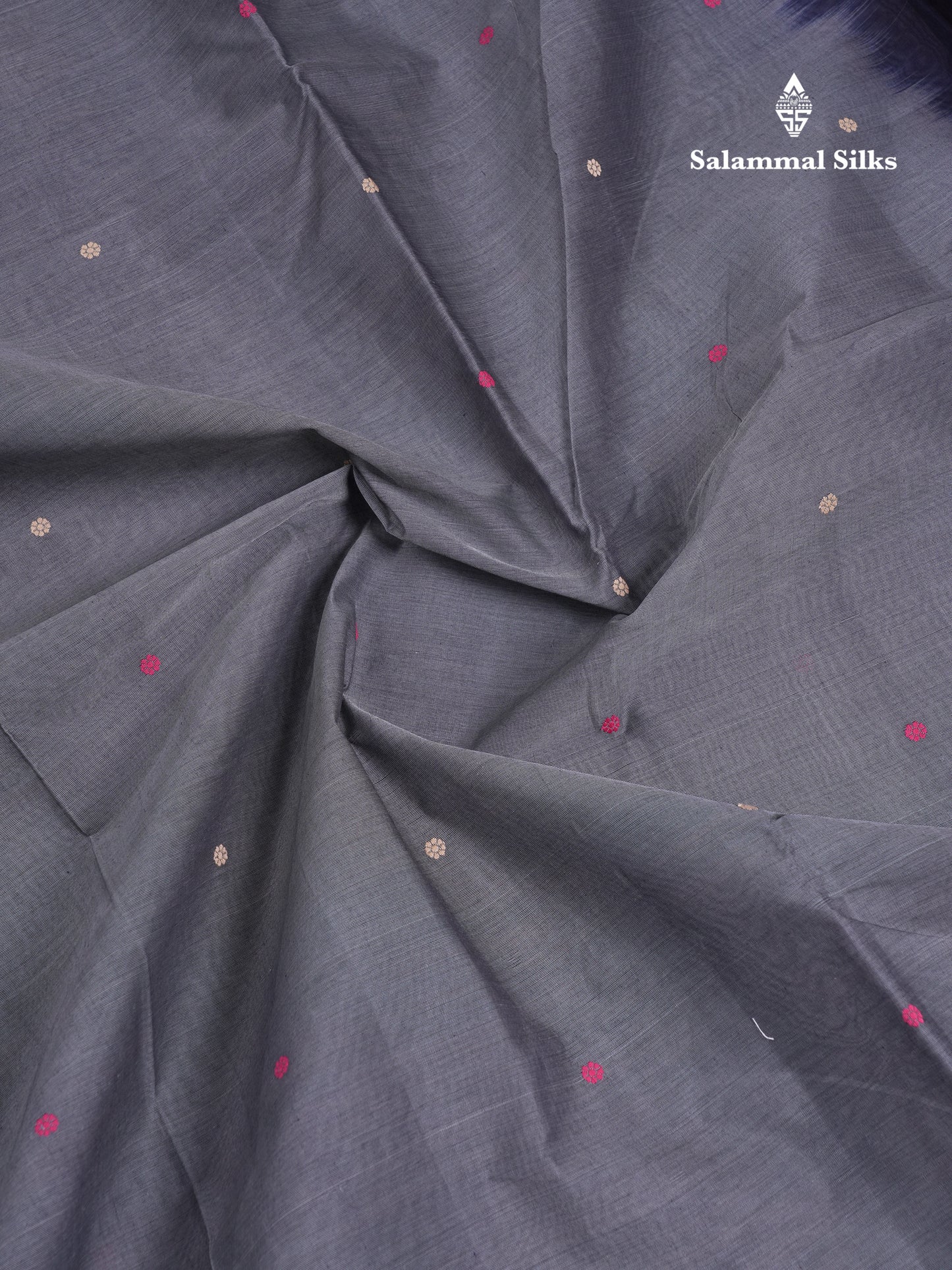 Beautiful Grey Thread Work Butta Handloom Pure Cotton Saree With Contrast Navy Blue Blouse