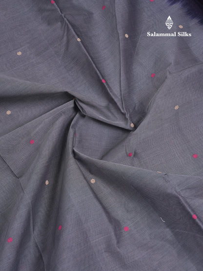 Beautiful Grey Thread Work Butta Handloom Pure Cotton Saree With Contrast Navy Blue Blouse