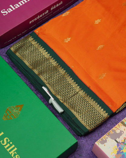 11 Yards Semi Silk Saree Orange with Contrast Bottle Green Border