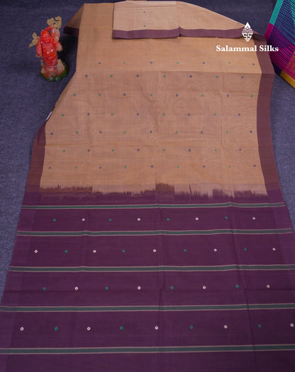 Beautiful Beige Thread Work Butta Handloom Pure Cotton Saree With Contrast Dark Magenta Blouse