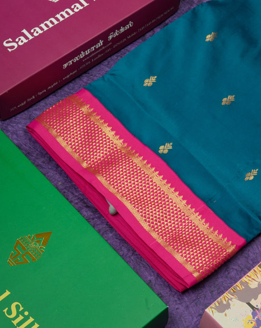 11 Yards Semi Silk Saree Peacock Blue with Contrast Pink Border