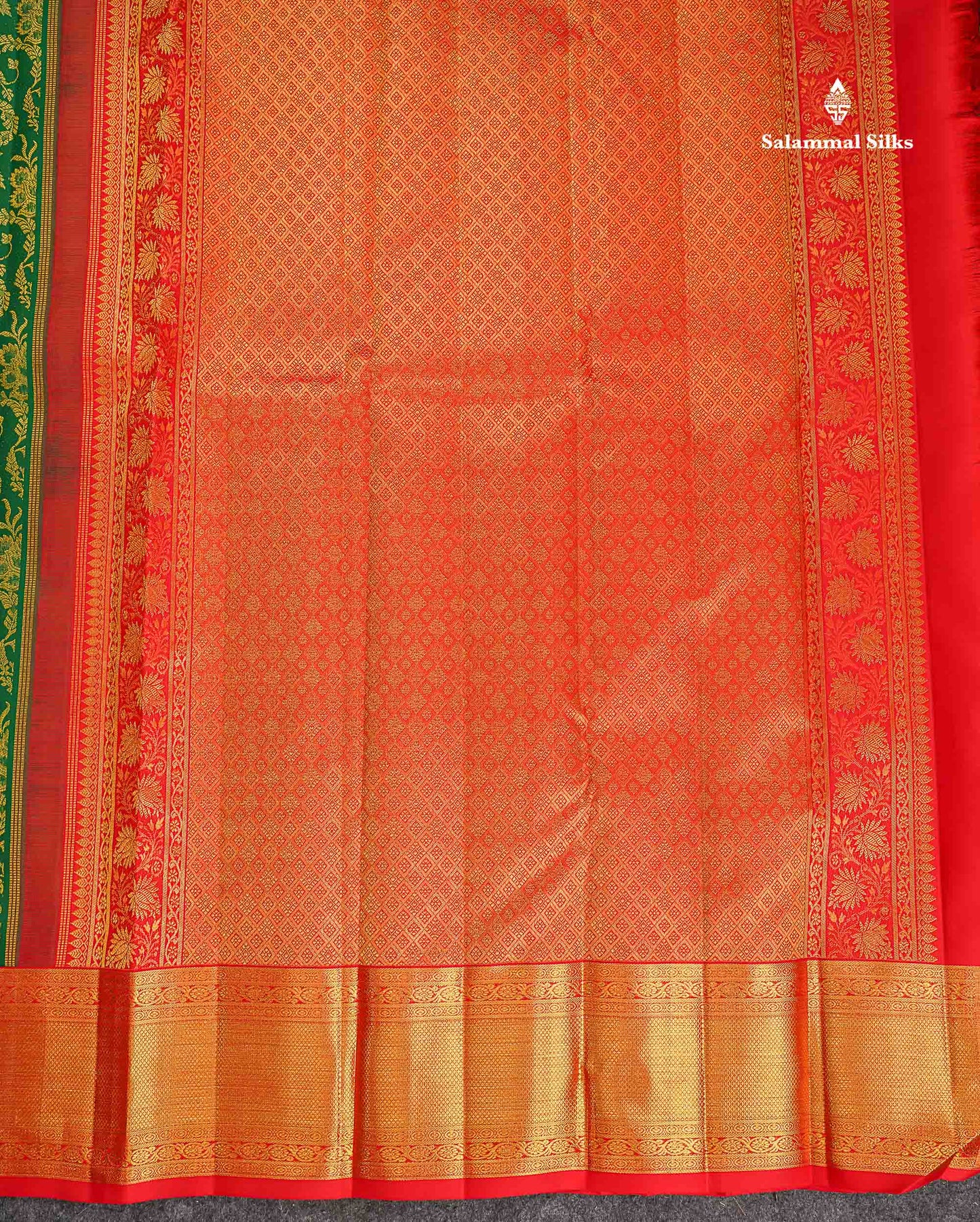 Korvai 2G Zari Pure Kanjivaram Silk Saree - Green Colour  with Contrast Red Traditional Border