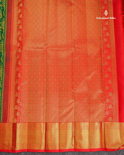 Korvai 2G Zari Pure Kanjivaram Silk Saree - Green Colour  with Contrast Red Traditional Border