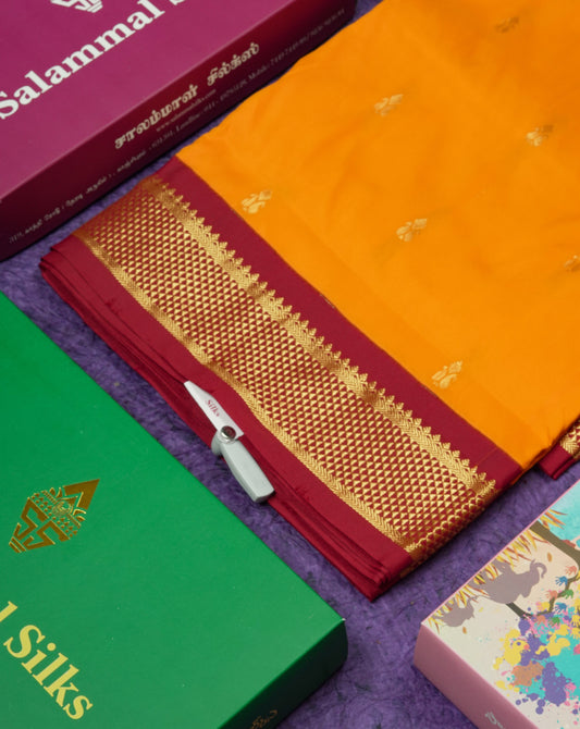 11 Yards Semi Silk Saree Mango Yellow with Contrast Maroon Border