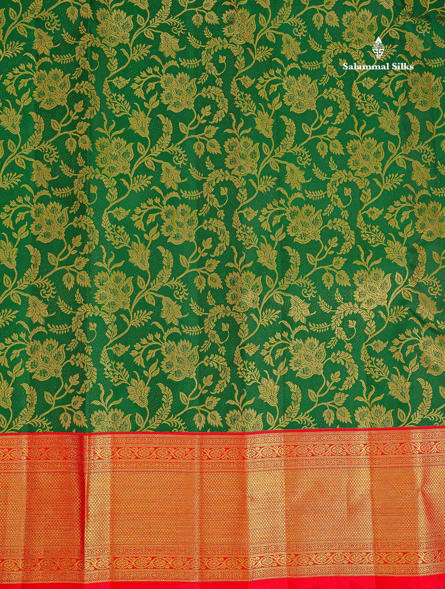 Korvai 2G Zari Pure Kanjivaram Silk Saree - Green Colour  with Contrast Red Traditional Border