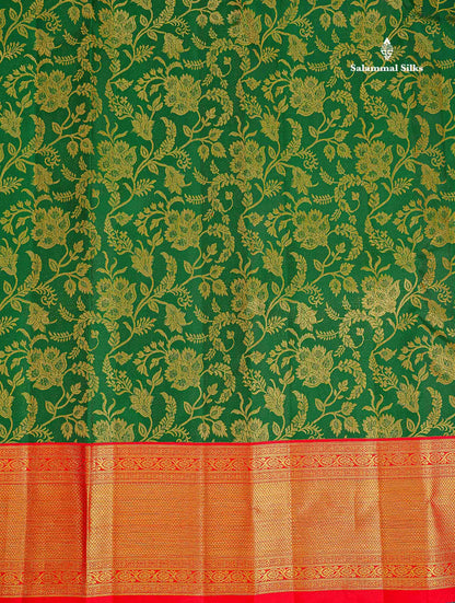 Korvai 2G Zari Pure Kanjivaram Silk Saree - Green Colour  with Contrast Red Traditional Border