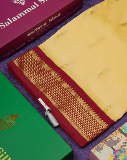 11 Yards Semi Silk Saree Mango Yellow with Contrast Maroon Border