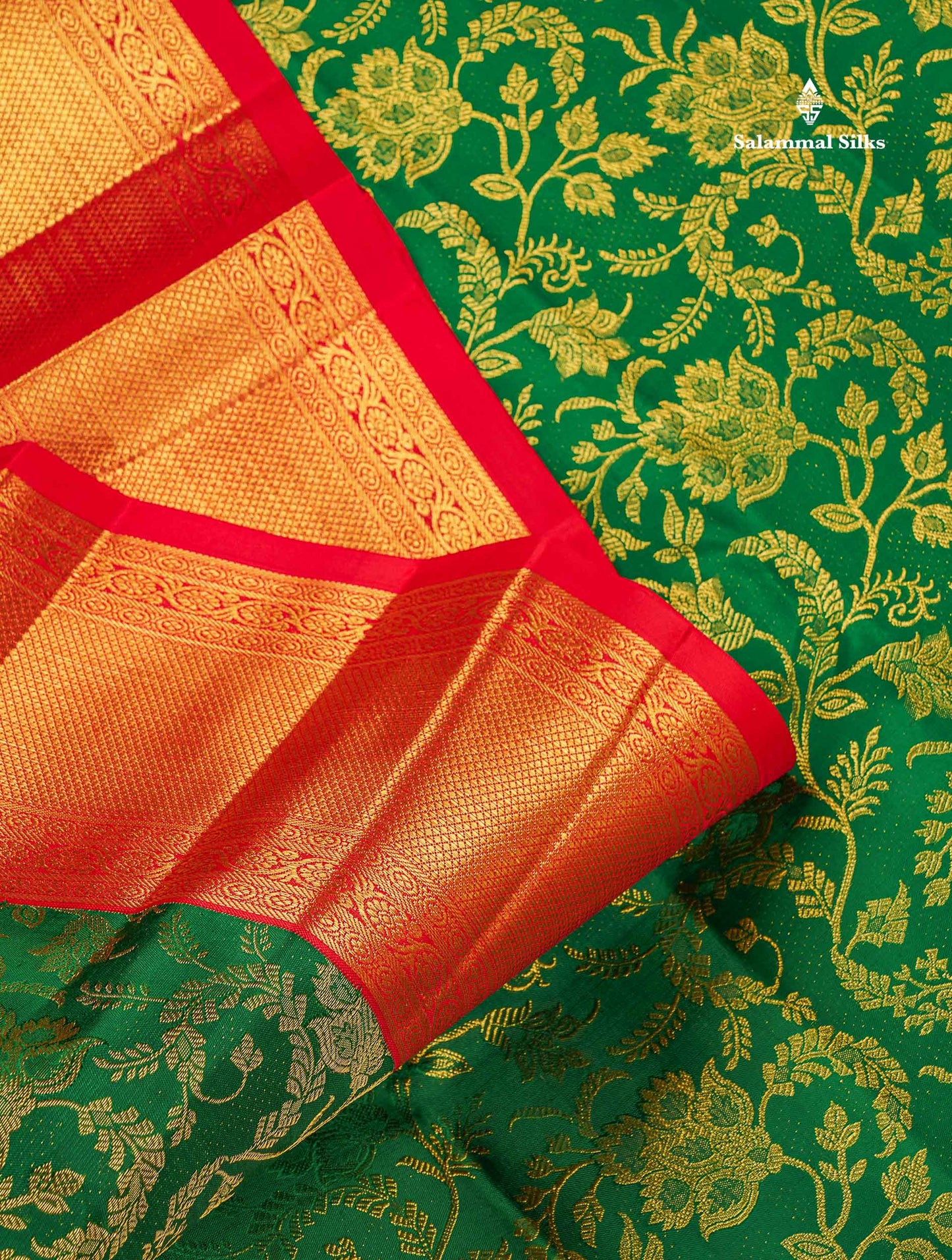 Korvai 2G Zari Pure Kanjivaram Silk Saree - Green Colour  with Contrast Red Traditional Border