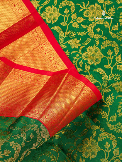 Korvai 2G Zari Pure Kanjivaram Silk Saree - Green Colour  with Contrast Red Traditional Border