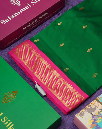 11 Yards Semi Silk Saree Peacock Blue with Contrast Pink Border