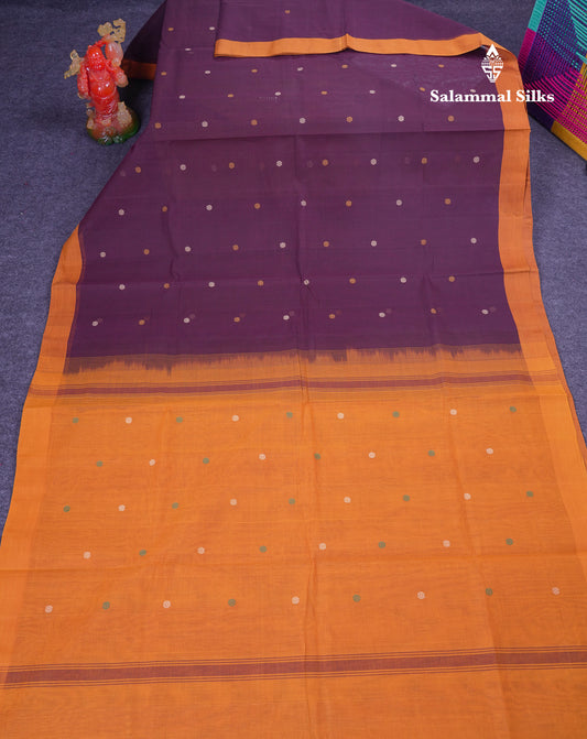 Beautiful Dark Magenta Thread Work Butta Handloom Pure Cotton Saree With Contrast Mustard Yellow Blouse