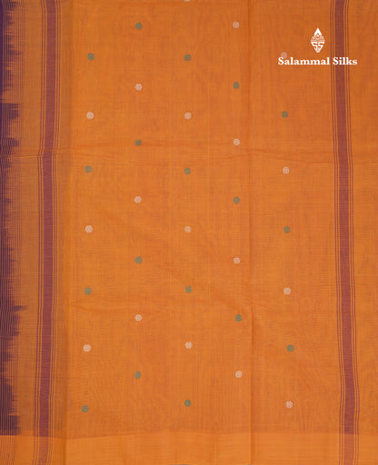 Beautiful Dark Magenta Thread Work Butta Handloom Pure Cotton Saree With Contrast Mustard Yellow Blouse