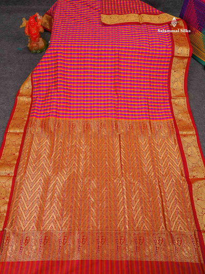 Semi Silk Saree - Multicolour Colour Body Checks With Contrast Maroon Traditional Border | 10 Yards