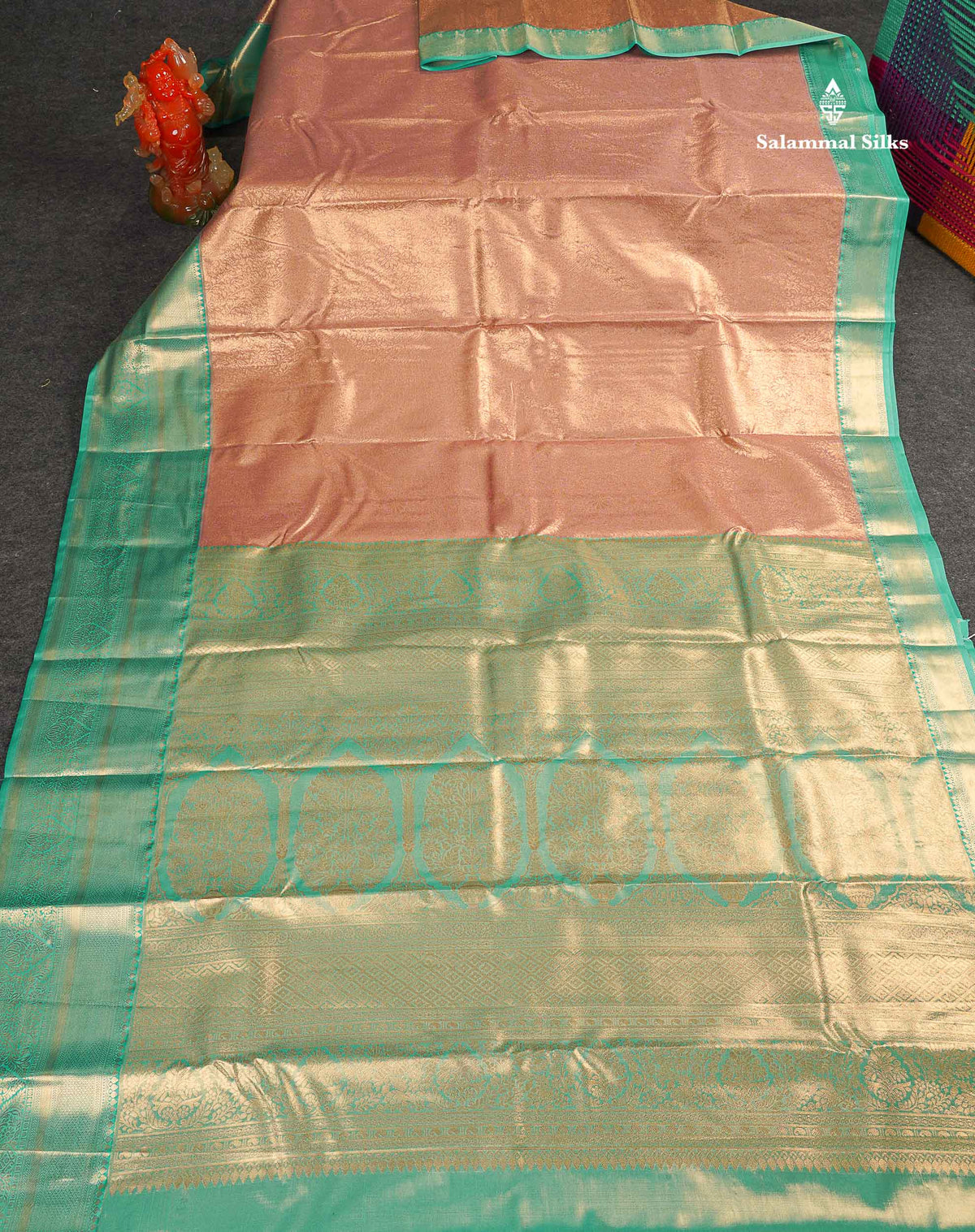 Tissue Bridal Semi Silk Saree -  Peach Colour Body With Contrast Sapphire Green Border