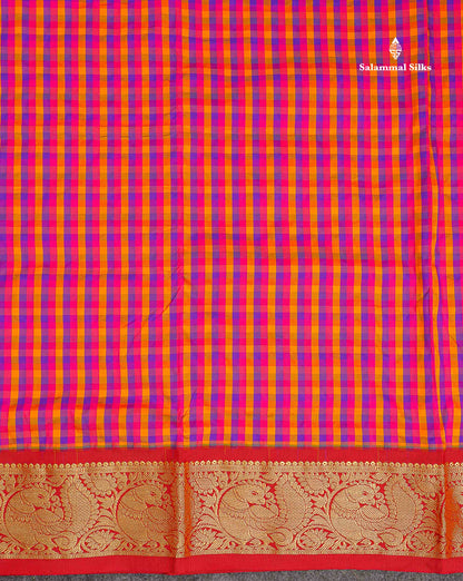 Semi Silk Saree - Multicolour Colour Body Checks With Contrast Maroon Traditional Border | 10 Yards