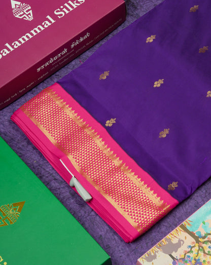 11 Yards Semi Silk Saree Peacock Blue with Contrast Pink Border
