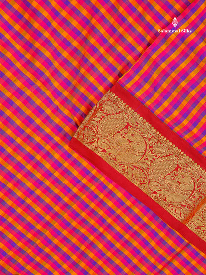 Semi Silk Saree - Multicolour Colour Body Checks With Contrast Maroon Traditional Border | 10 Yards