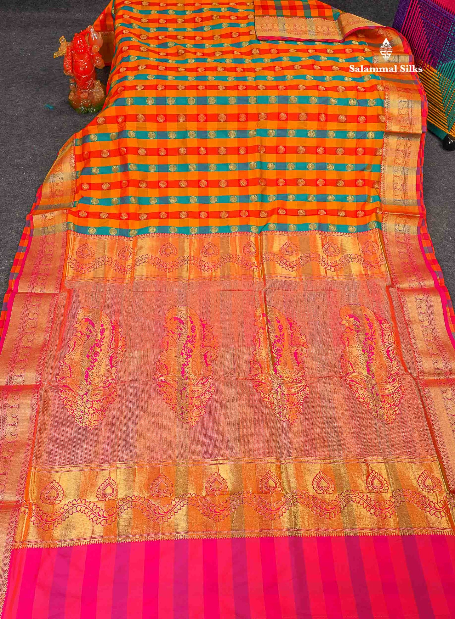 Semi Silk Saree - Multicolour Body Checks With Butta & Traditional Border | 9.5 Yards 