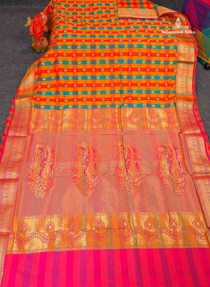 Semi Silk Saree - Multicolour Body Checks With Butta & Traditional Border | 9.5 Yards 