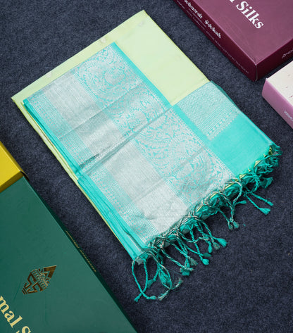 Light Parrot Green Pure Soft Silk Saree With Teal Border