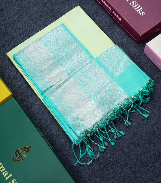 Light Parrot Green Pure Soft Silk Saree With Teal Border
