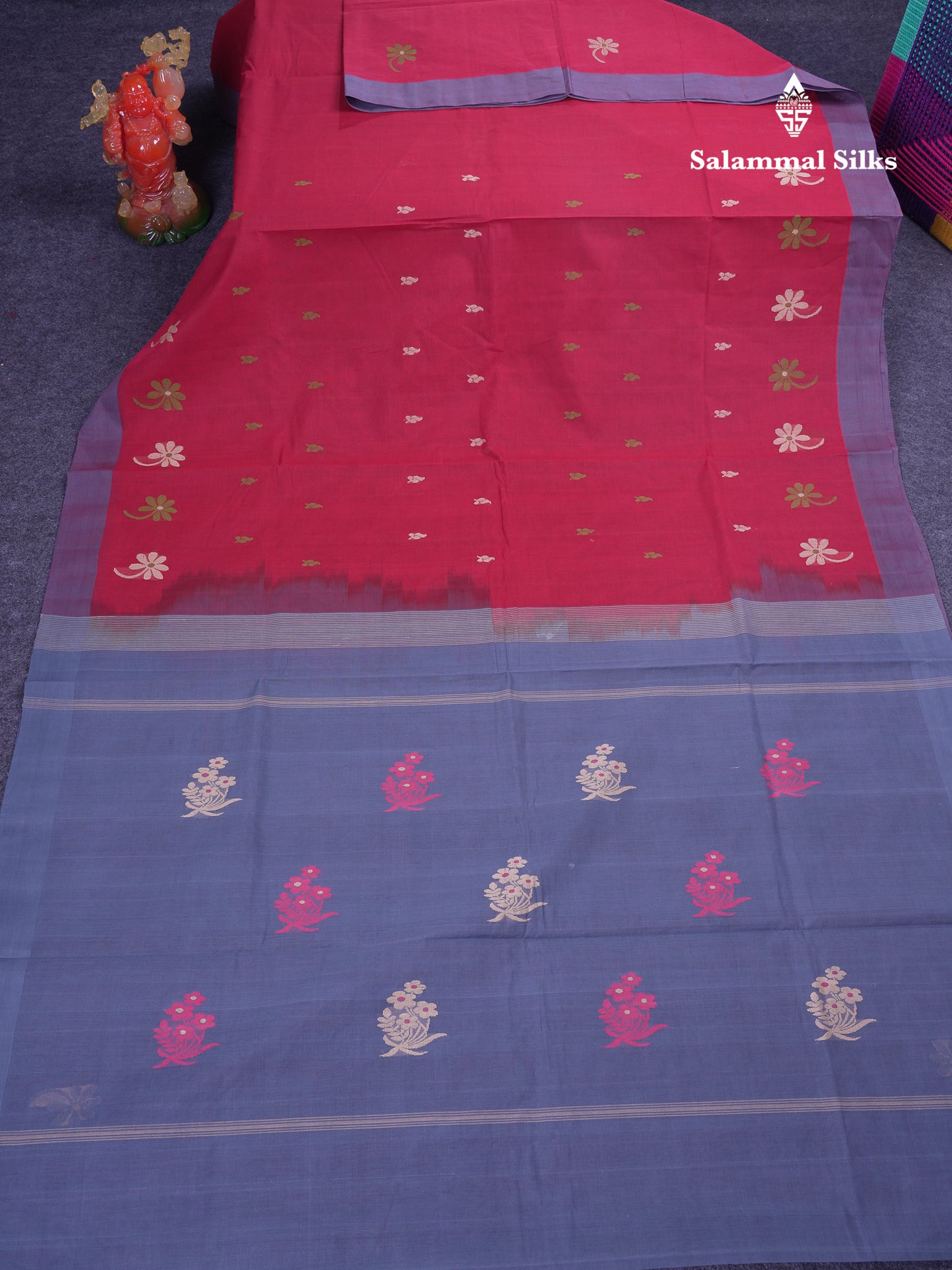 Beautiful Dark Maroon Thread Work Butta Handloom Pure Cotton Saree With Contrast Blueish Grey Blouse