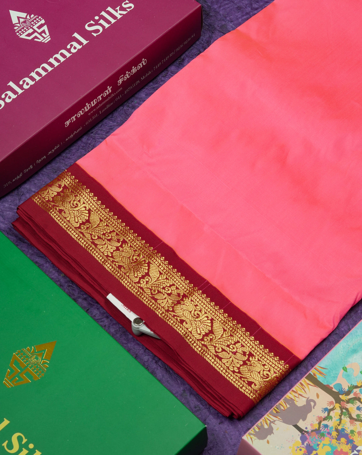 11 Yards Semi Silk Saree Peach Pink with Contrast Maroon Traditional Border