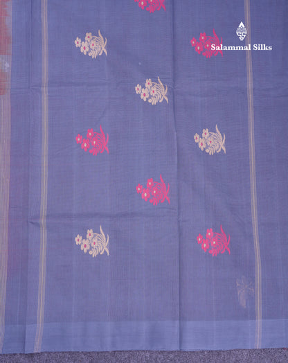 Beautiful Dark Maroon Thread Work Butta Handloom Pure Cotton Saree With Contrast Blueish Grey Blouse