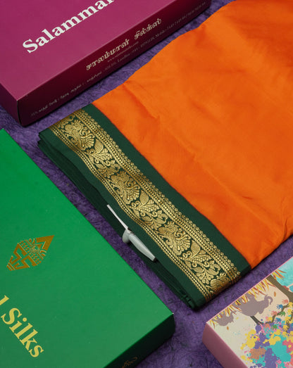 11 Yards Semi Silk Saree Green with Contrast Pink Border