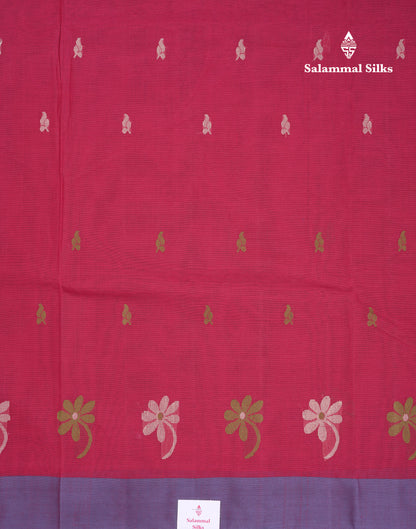 Beautiful Dark Maroon Thread Work Butta Handloom Pure Cotton Saree With Contrast Blueish Grey Blouse
