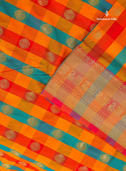 Semi Silk Saree - Multicolour Body Checks With Butta & Traditional Border | 9.5 Yards