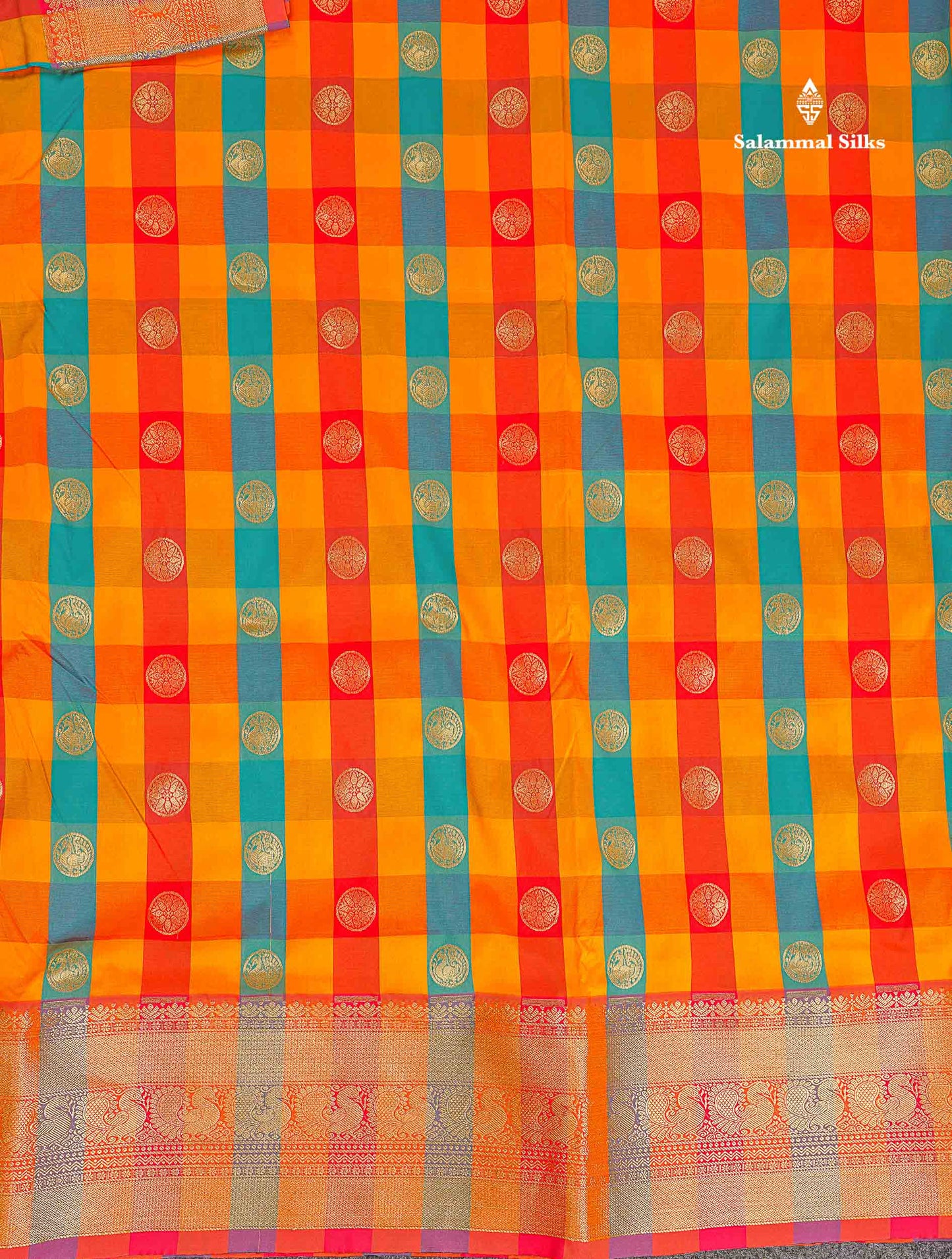 Semi Silk Saree - Multicolour Body Checks With Butta & Traditional Border | 9.5 Yards