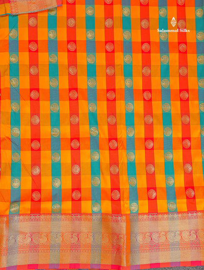 Semi Silk Saree - Multicolour Body Checks With Butta & Traditional Border | 9.5 Yards