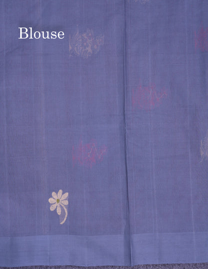 Beautiful Dark Maroon Thread Work Butta Handloom Pure Cotton Saree With Contrast Blueish Grey Blouse