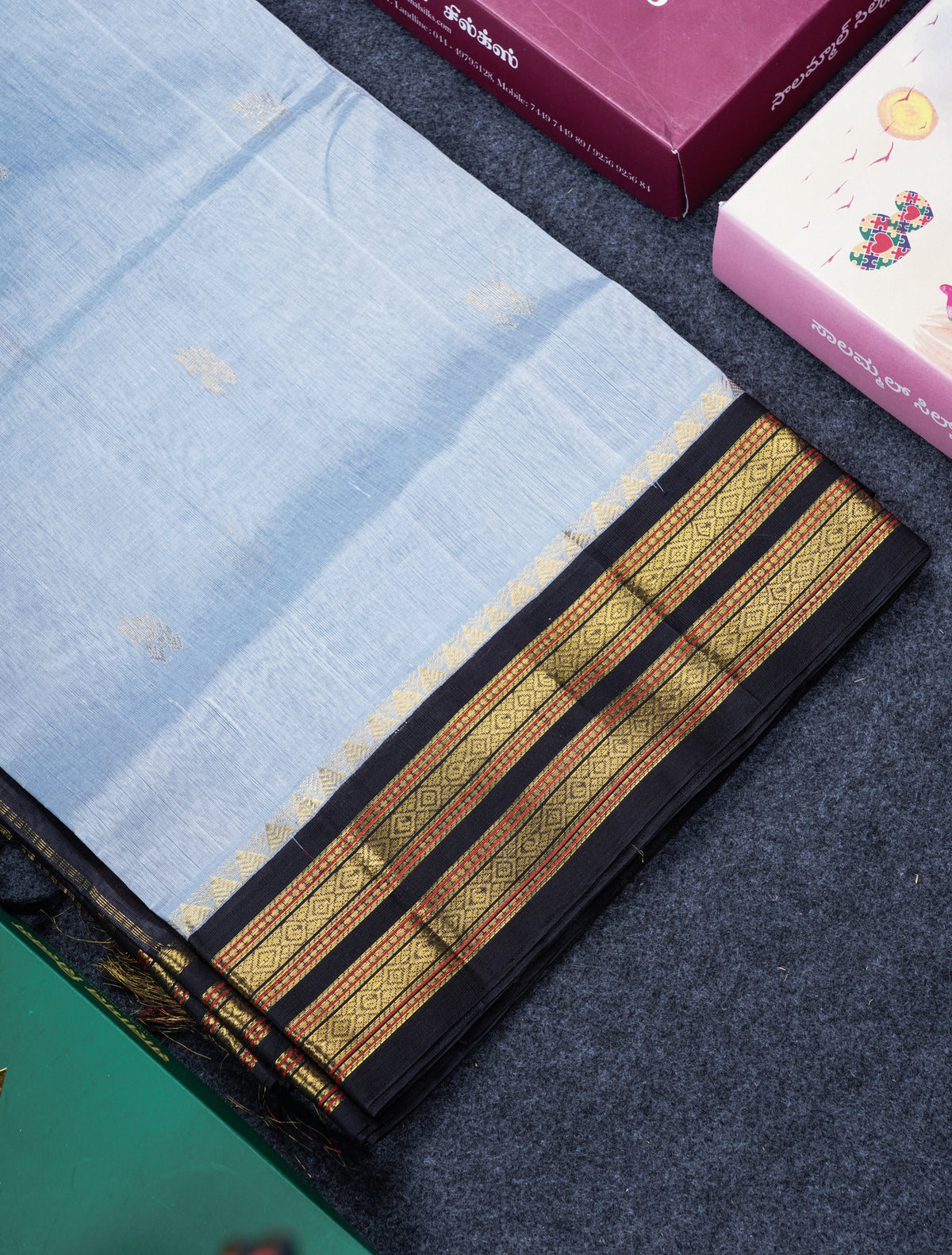 Blueish Grey Pure Silk Cotton Saree With Contrast Black Traditional Border