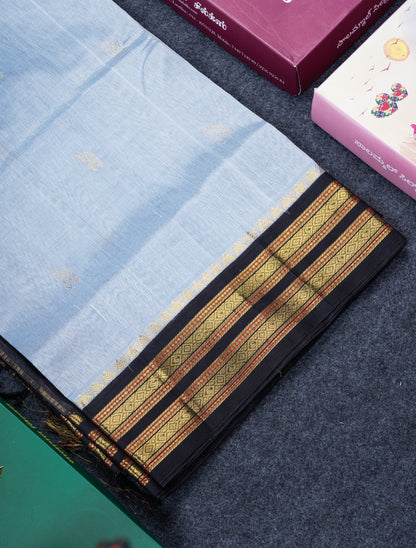 Blueish Grey Pure Silk Cotton Saree With Contrast Black Traditional Border