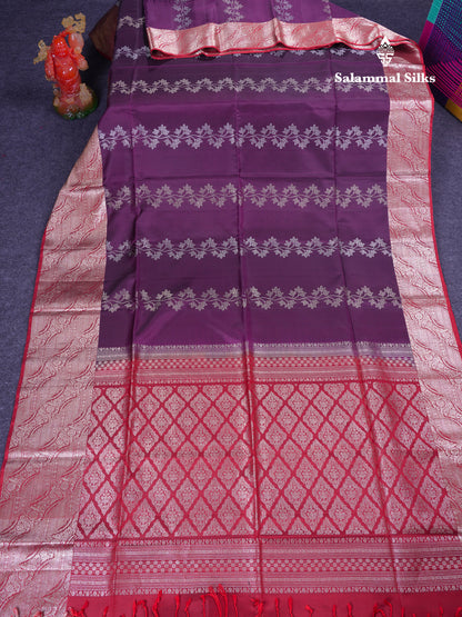 Beautiful Dark Purple Pure Kanjivaram Soft Silk Saree With Contrast Redish Maroon Evening Morning Border