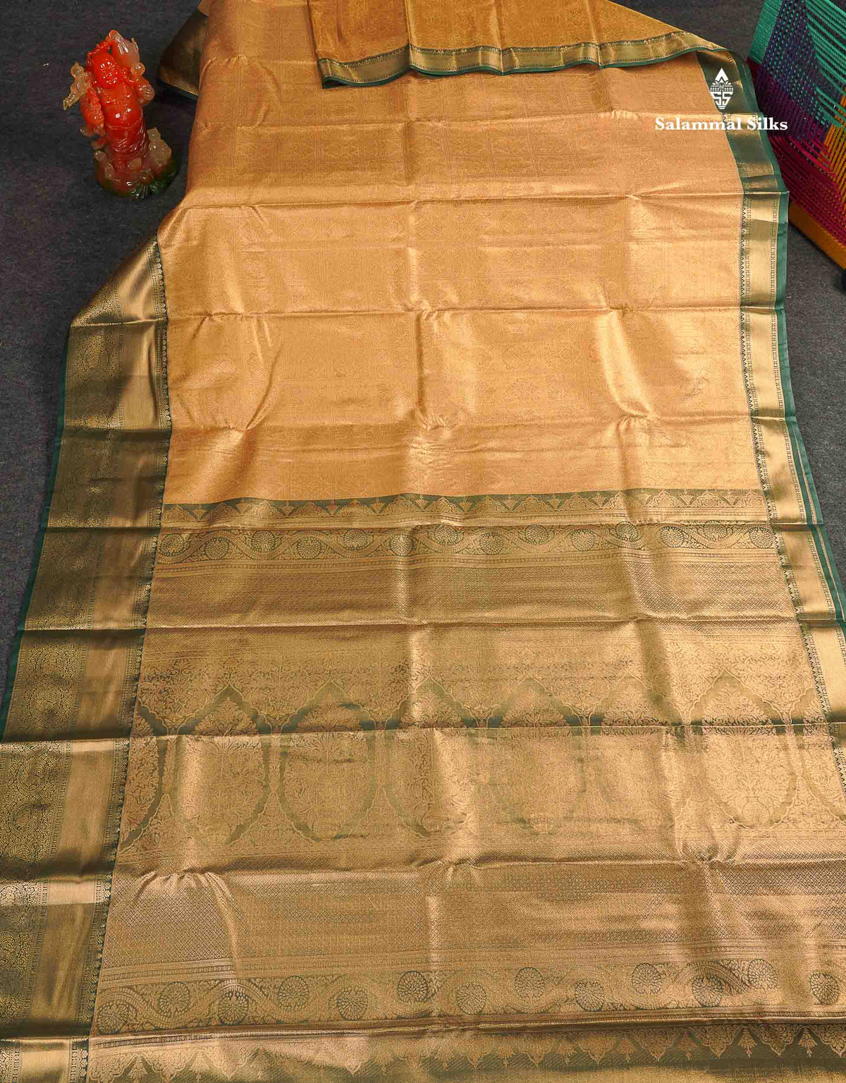 Tissue Bridal Semi Silk Saree -  Golden Sandal Colour Body With Contrast Bottle Green Border 