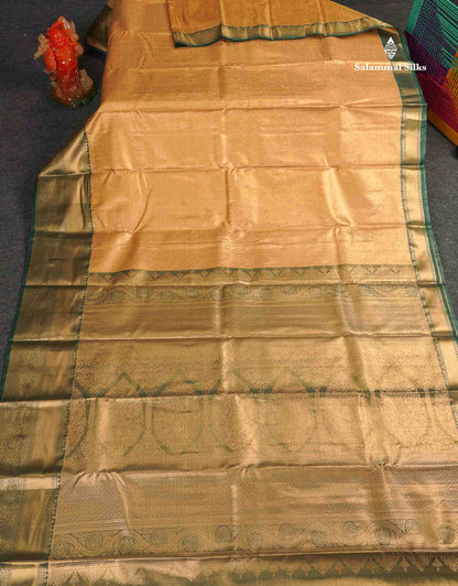 Tissue Bridal Semi Silk Saree -  Golden Sandal Colour Body With Contrast Bottle Green Border 