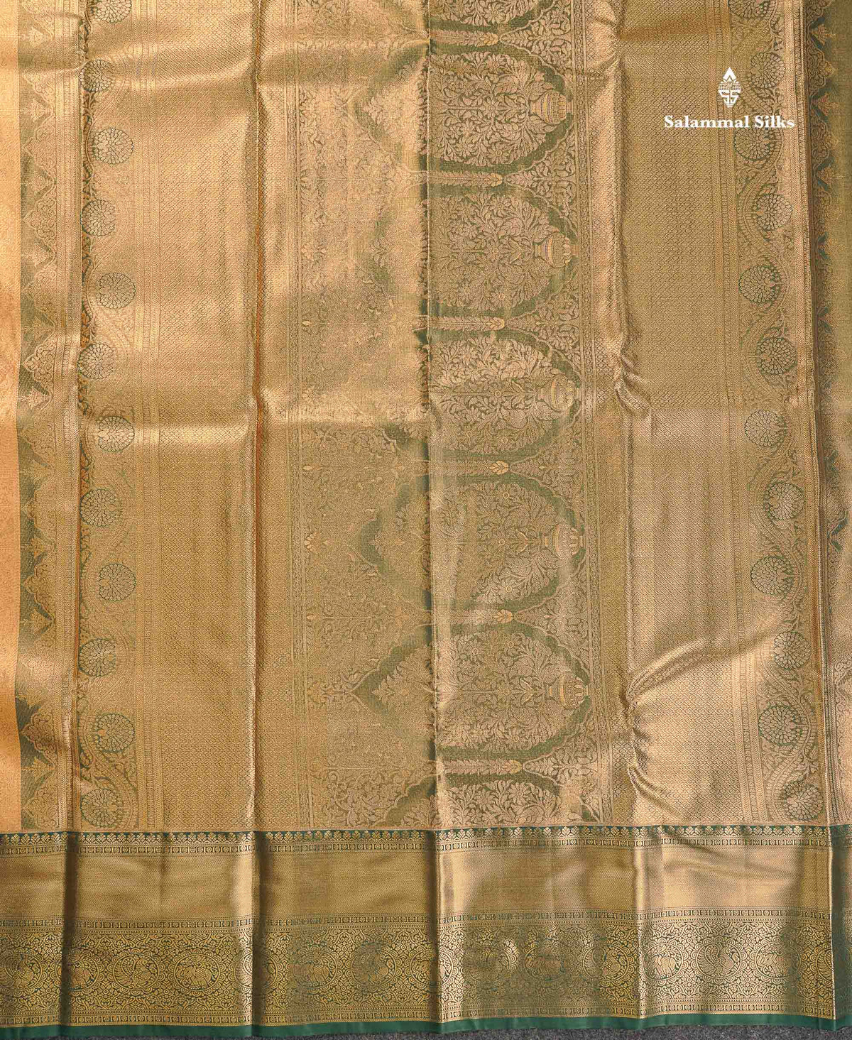 Tissue Bridal Semi Silk Saree -  Golden Sandal Colour Body With Contrast Bottle Green Border