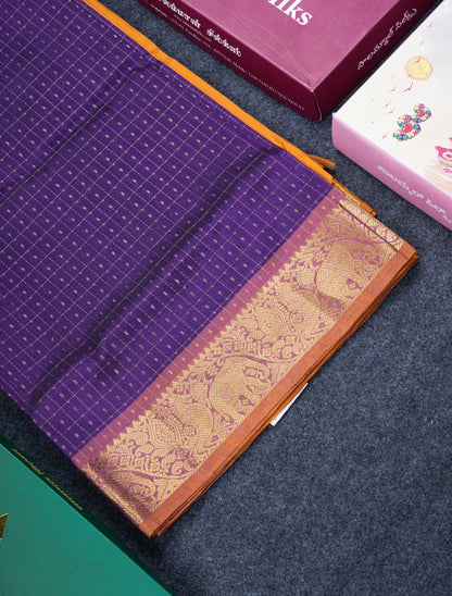 Purple Lakshadeepam Pure Silk Cotton Saree With Contrast Mustard Yellow Blouse