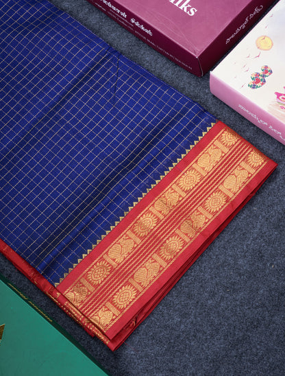 Navy Blue Small Checks Pure Silk Cotton Saree With Contrast Reddish Maroon Blouse
